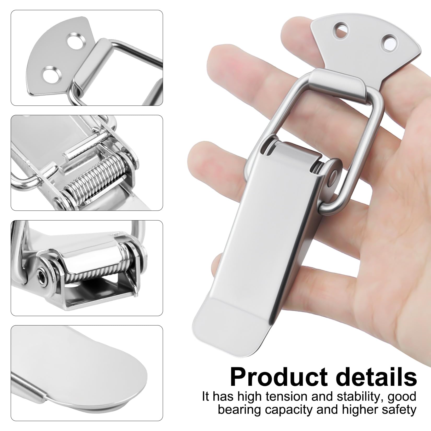 Chiusura a leva a sei pezzi, chiusura a molla in acciaio inox, chiusura a gancio per cassetta degli attrezzi, adatta per porte, finestre e armadi, chiusura a leva a molla, argento.