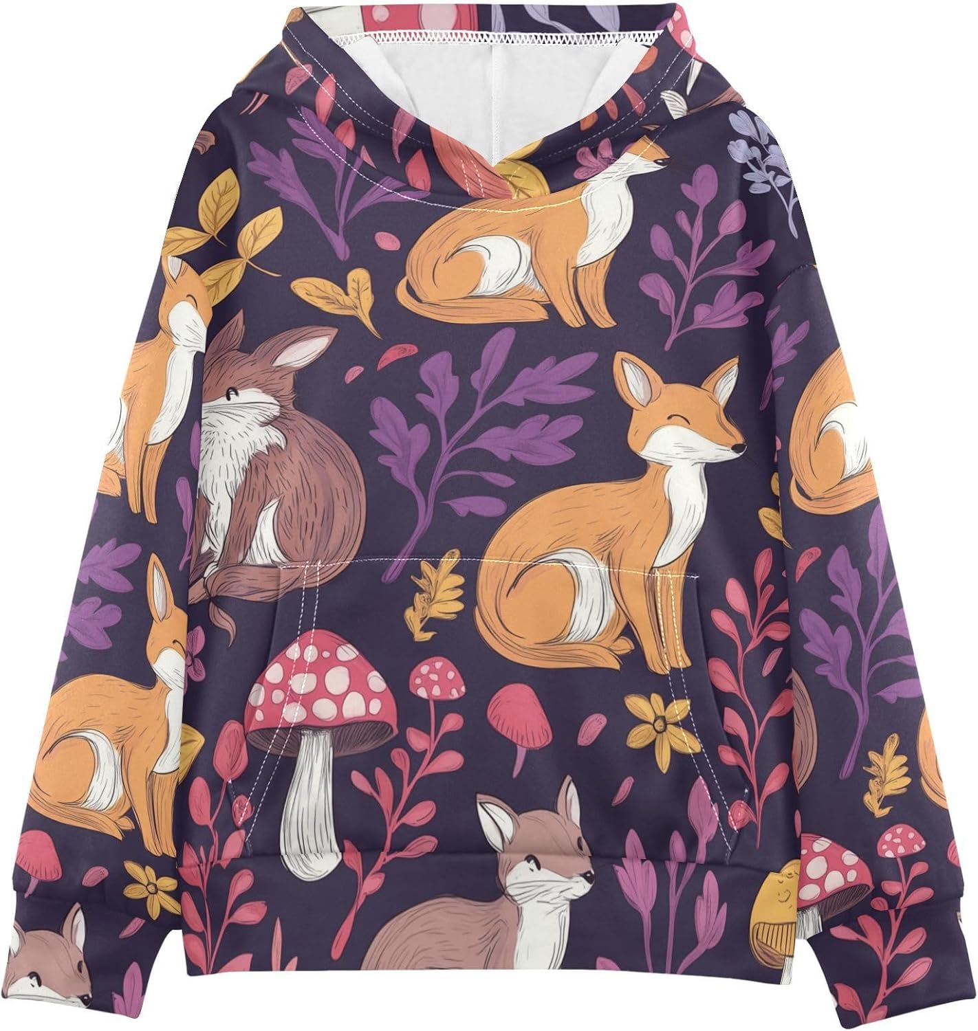 ZZXXB Fox Bunny Mushroom Kids Sweatshirts Boys Girls Hooded Kangaroo Pocket Pullover Tops XS-XXL