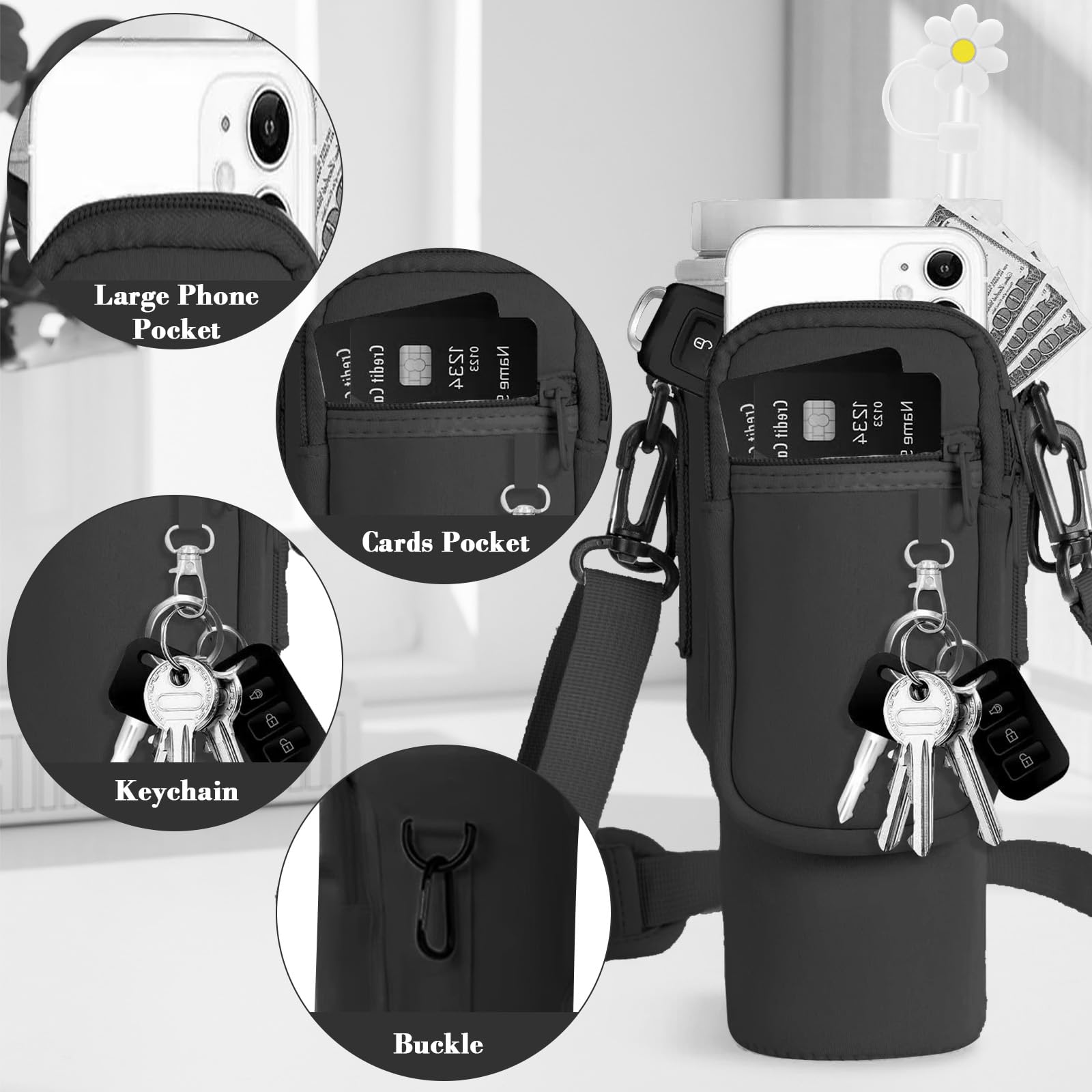 Housse Cuir PU Pour Stanley Cup - Pochette Avec Poche Porte-ID Et Bandoulière - Compatible Bouteilles 9-12 Cm De Diamètre - Protection Et Transport Pratique