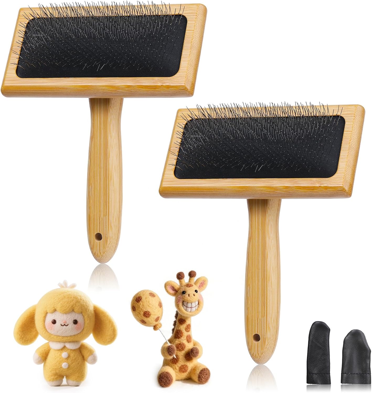 2 Pcs Large Wooden Wool Carders, Needle Felting Carding Brushes Tools with Finger Cots, Wool Needle Felting Brushes for Wool Felting, Spinning Crafts, Pet Grooming