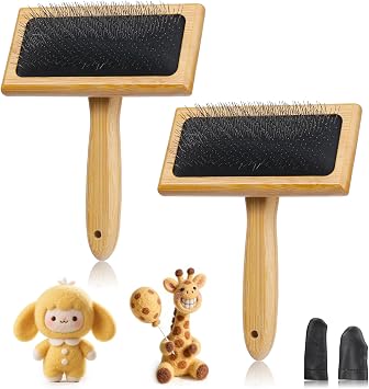 2 Pcs Large Wooden Wool Carders, Needle Felting Carding Brushes Tools with Finger Cots, Wool Needle Felting Brushes for Wool Felting, Spinning Crafts, Pet Grooming
