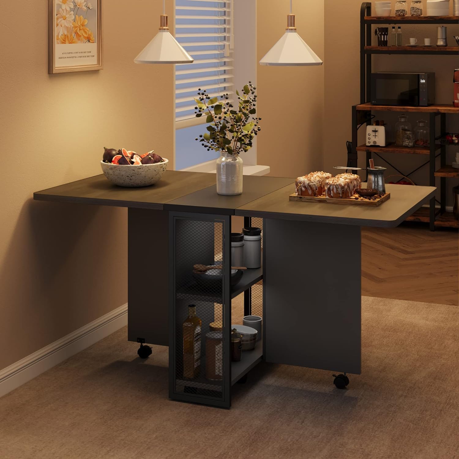 IDEALHOUSE Folding Dining Table With 6 Wheels and 2-Layer Storage Shelf - Drop Leaf, Space Saving for Small Spaces, Collapsible Expandable Rectangle for Kitchen Room