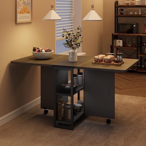 CABIHOME Folding Dining Table with 2 Tier Storage-Extendable Drop Leaf Space Saving Kitchen Dining Room Tables for 4, Collapsible Expandable Rectangle (Carlo Grey, 50.1 D x 31.4 W x 29.5 H)