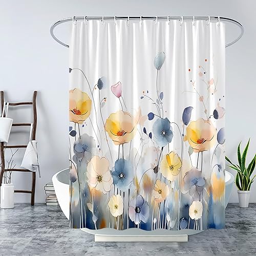 Cortina de ducha floral colorida amarillo azul acuarela flores hojas plantas rústicas flores silvestres botánico abstracto naturaleza hojas granja