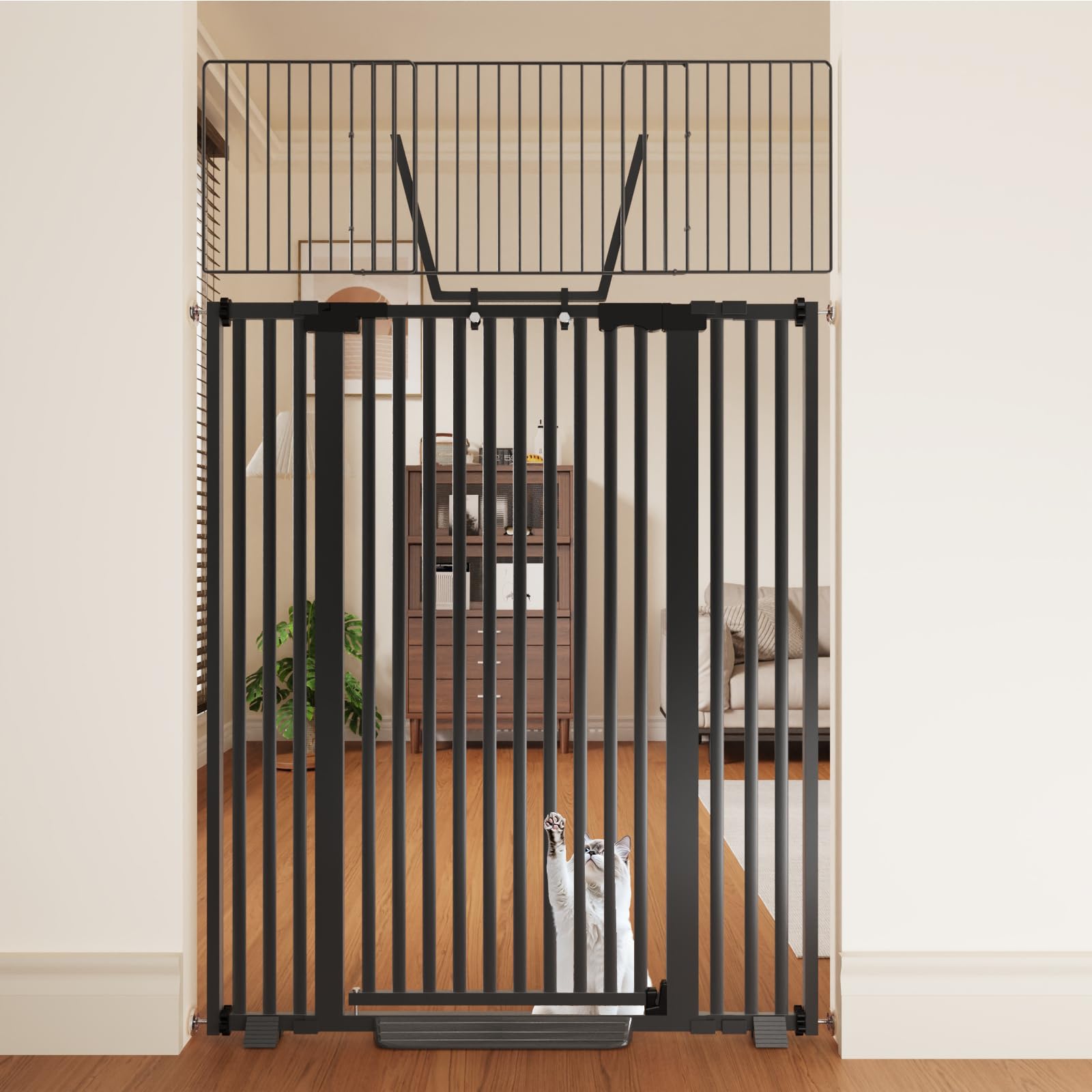 Amibud 67" High Extra Tall Cat Gate for Doorway, 29.5-49.21" Extra Wide Pet Gate Pressure Mounted Baby Gates for Dogs Pets, Easy Walk Through Cat