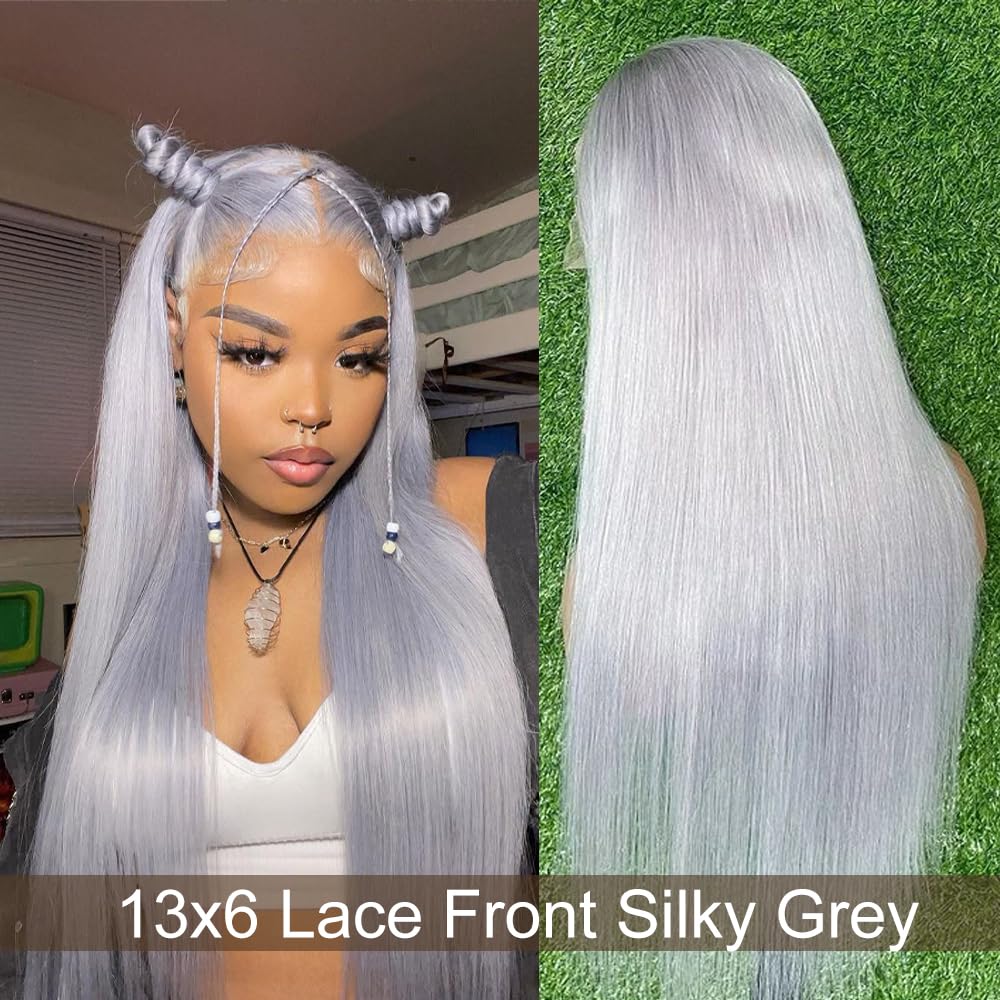 24” Gray Straight Human Hair Blend Lace Front Wig Black Gray Ombre Wig: 24 main image 4