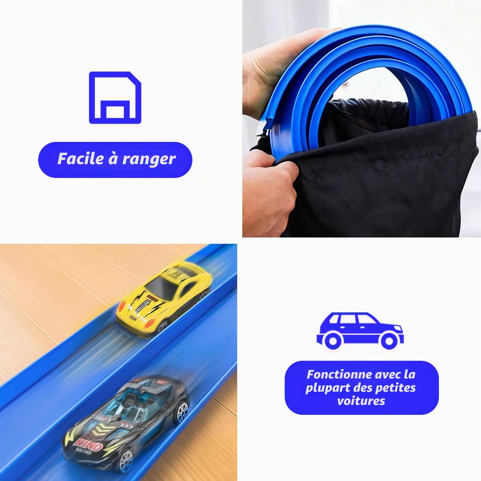 5M Circuit Voiture - Circuit De Course avec Rampe, Comprend 4 Voitures Jouets,Sauts, Rampes,Circuit De Course Classique Long à Monter, avec 1 Sac De Rangement