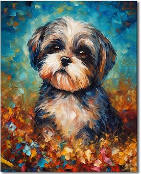 TFIAVSIN Adults Beginner Paint by Number Kit, Shih Tzu Dog in Autumn Leaves, DIY Oil Painting, 16"x20"