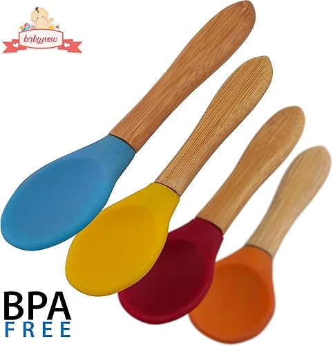 Miniatura 9 de Babynow - Cucharas de bambú para bebés y niños pequeños de 6 meses en diseños de bambú y punta suave, color burdeos, paquete de 2