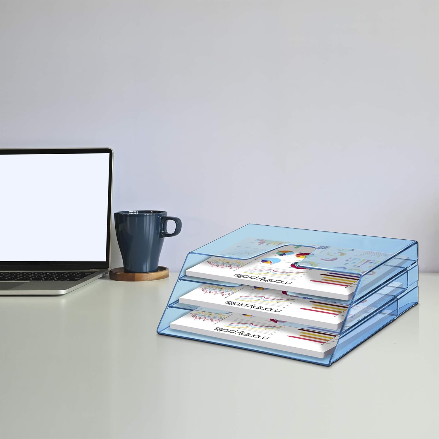 Acrimet Horizontal Triple File Folder Holder Organizer, Open Top Desktop Document Sorter for Letter Size Papers & Folders, Plastic (Clear Blue)