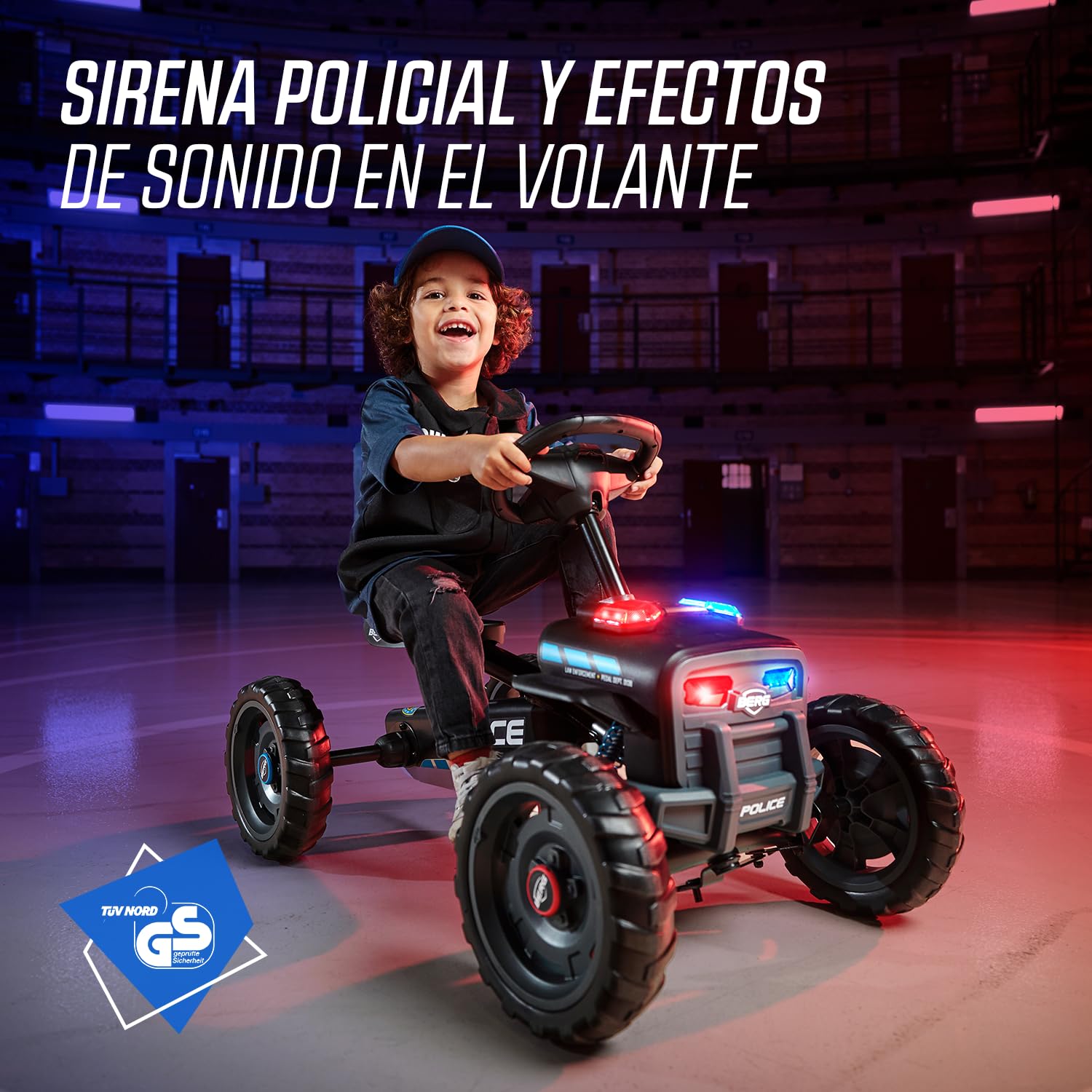 BERG Kart a Pedales Buzzy Police | 2-6 años, cuadro resistente, asiento regulable, volante regulable