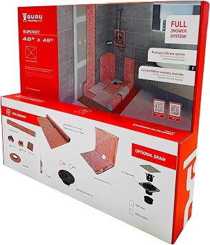 GURU USA SuperKit Square Complete Shower Kit with Heavy Duty Tray, Evo Lite Stainless Steel Drain, Waterproof Membrane Roll, Bathroom Accessories, 48" x 49", Center Drain, PVC Connector