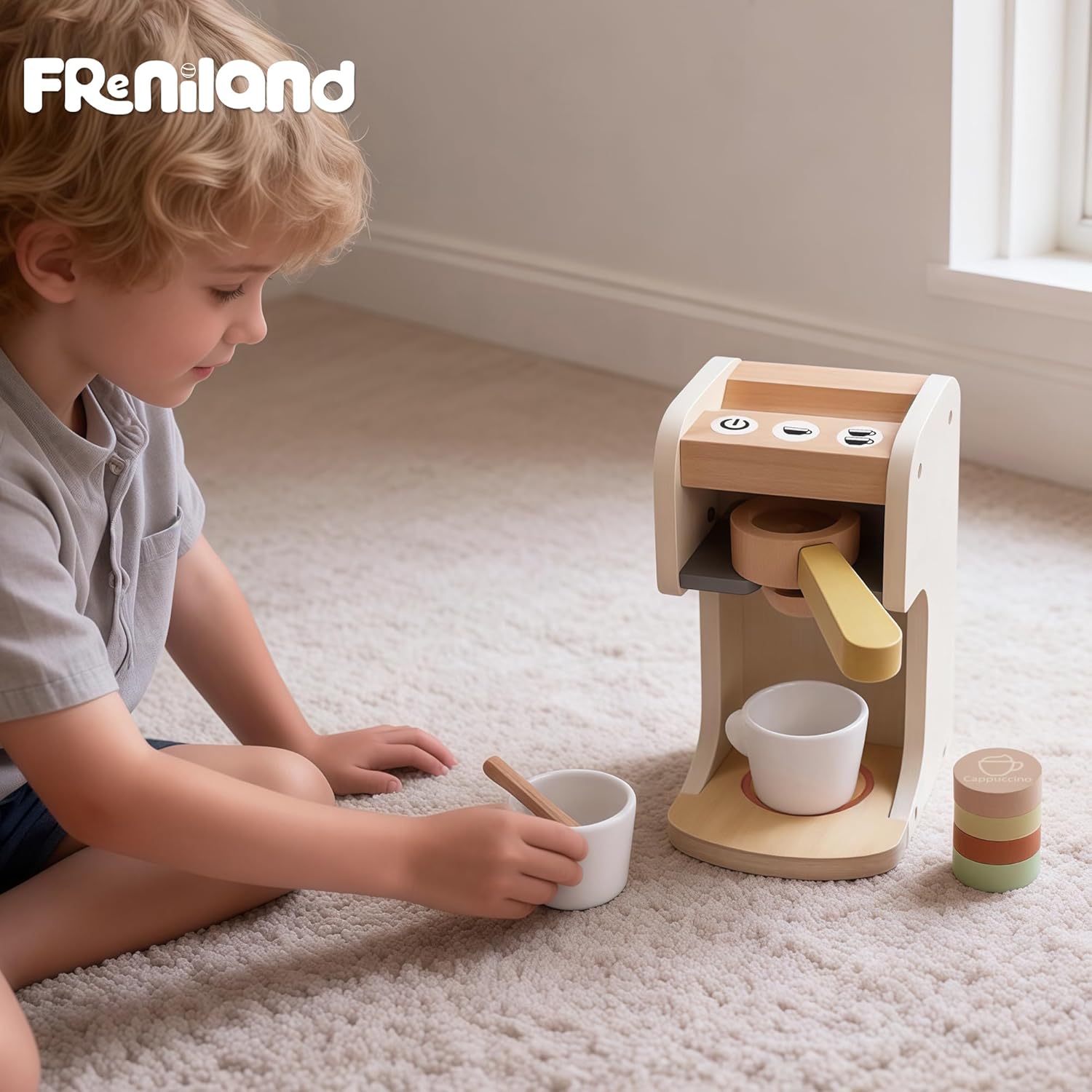 Freniland Classic Wooden Coffee Maker Toy, Pretend Brew & Serve Playset for Toddlers, Educational Kitchen Toy for Kids Ages 3Y+