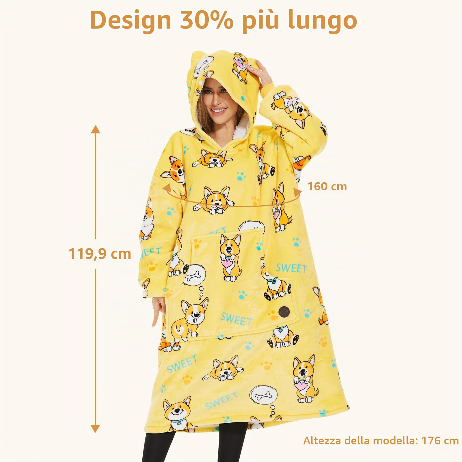 THREE POODLE Felpa Coperta Oversize Donna con Maniche e Cappuccio, Felpa Pile Giganti con Maniche