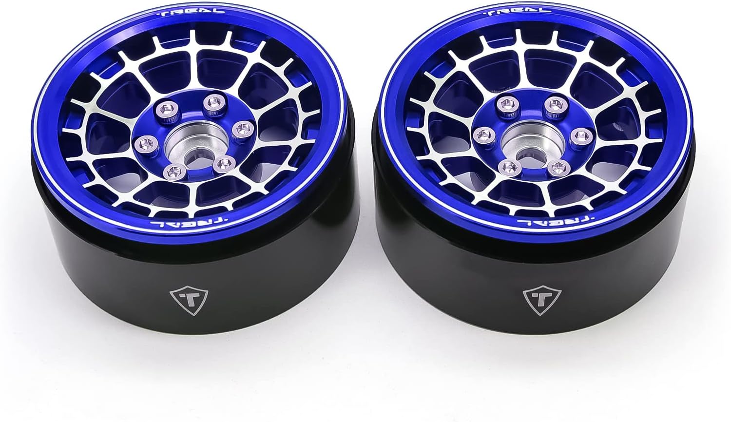 TREAL 1.9 Beadlock Wheels Stylish Cobweb Design 1.9 Wheel Rims(2P) CNC Machined Aluminum Anodized Finish Upgrades for 1/10 RC Crawlers TRX4 SCX10 III Vanquish H10 Ascent 6x6 TRX6 and More(Blue)