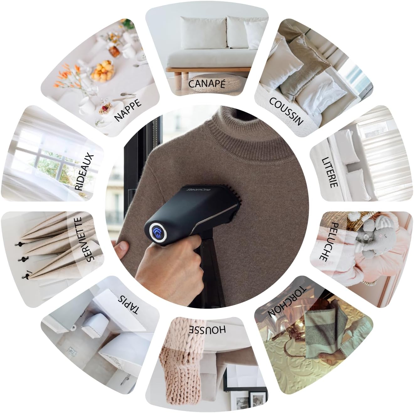 O vaporizador SteamOne é adequado para diversos itens, como toalhas de mesa, sofás, almofadas, roupas de cama, pelúcias, toalhas de banho, tapetes, capas e cortinas.