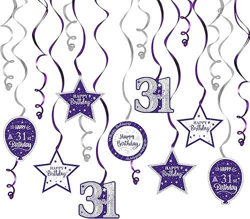 Miniatura 49 de Serpentinas de remolinos de cumpleaños feliz de 16 años con purpurina azul y plateada - Kit de 15 piezas de remolinos colgantes para el kit