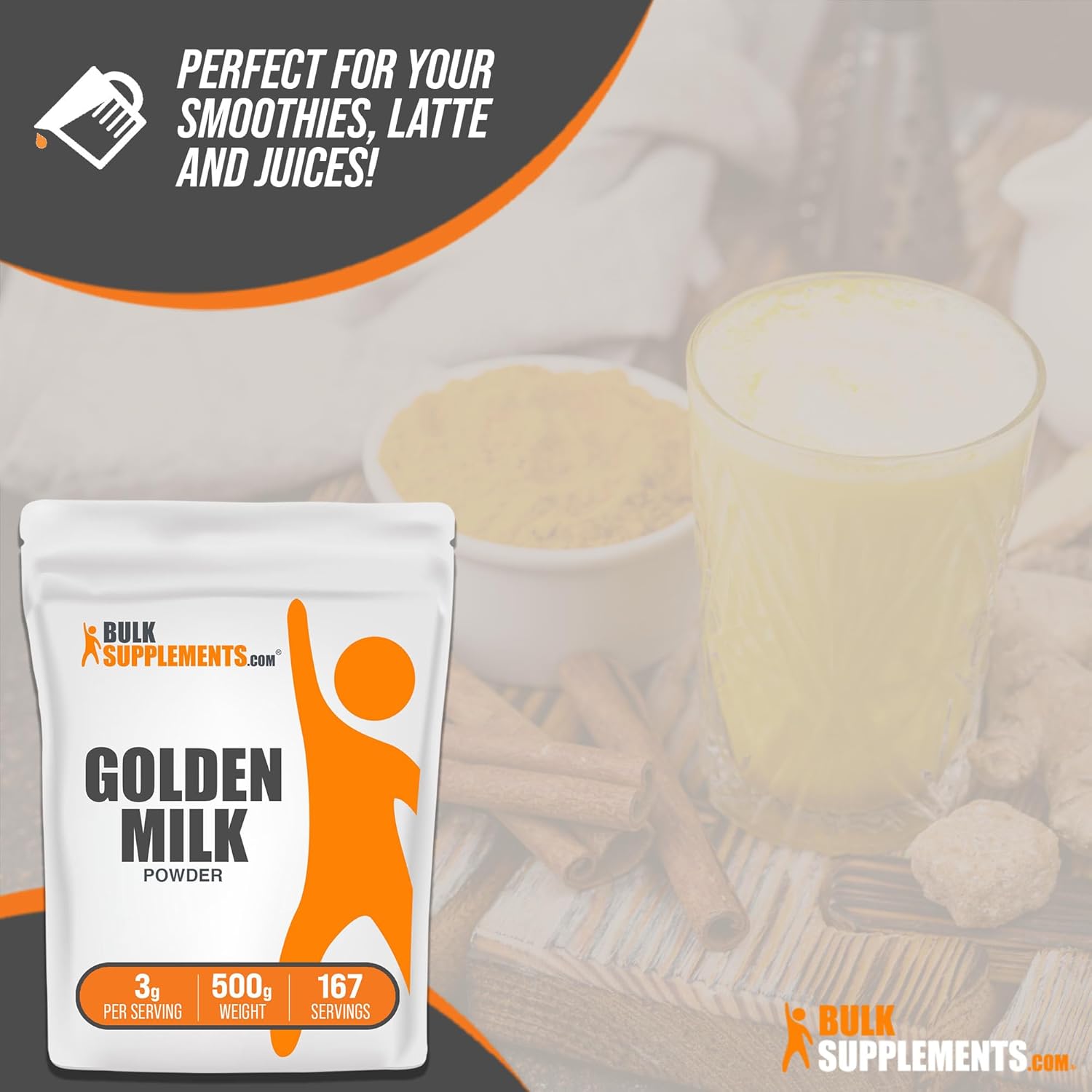 BulkSupplements.com Golden Milk Powder - Golden Milk with Turmeric and Ginger, Black Pepper and Cinnamon Powder, Superfood Supplement - Gluten Free, 3g per Serving, 500g (1.1 lbs) (Pack of 1) - Image 5