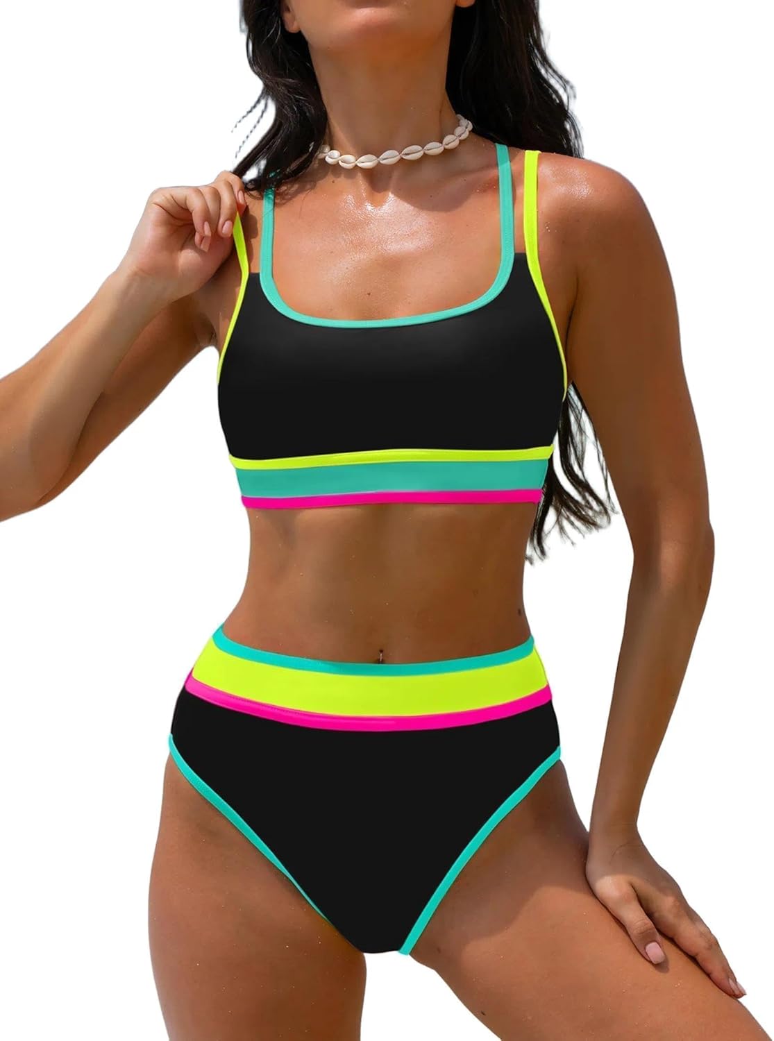popvil Women's High Waisted Bikini Sets Neon Two Piece 2026 Swimsuit Sporty Adjustable Straps Bathing Suit