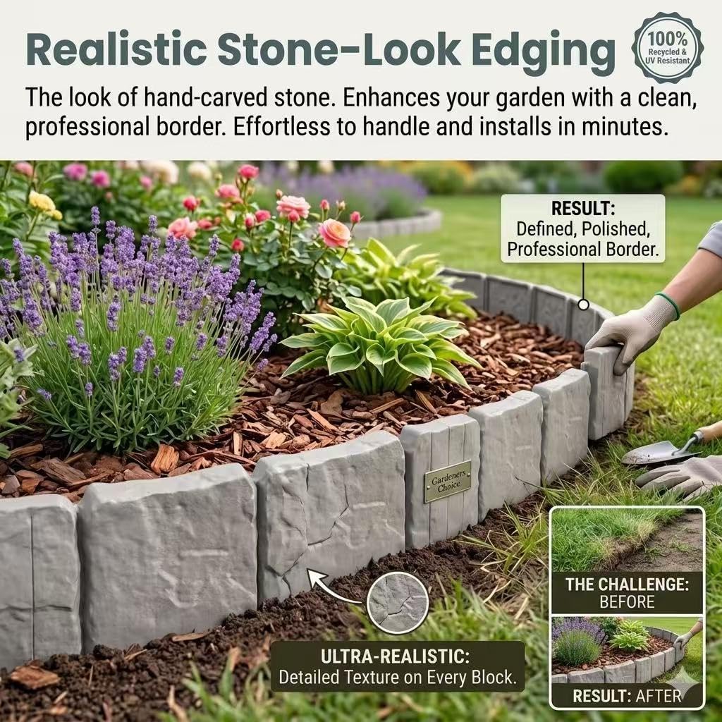 Imitation Stone Garden Fence Edging Border , Interlocking No Dig Stone Look Landscape Edging Fence for Flower Beds, Lawn, Yard & Pathway, Decorative Plastic Outdoor Garden Border Panels, 10PCS Gray image 3