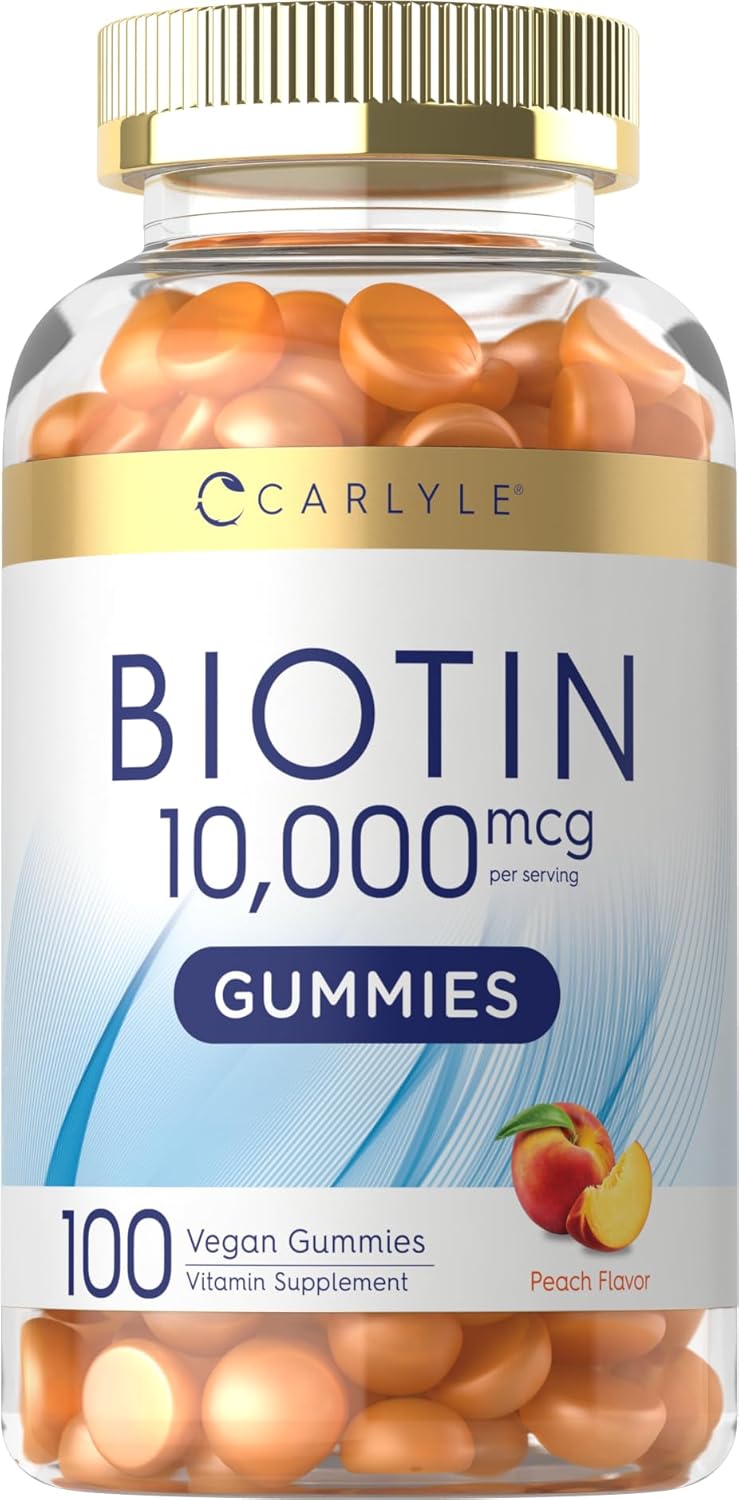 Carlyle Biotin 10000mcg Gummies | 100 Count | Peach Flavor Supplement | Vegan, Non-GMO, Gluten Free