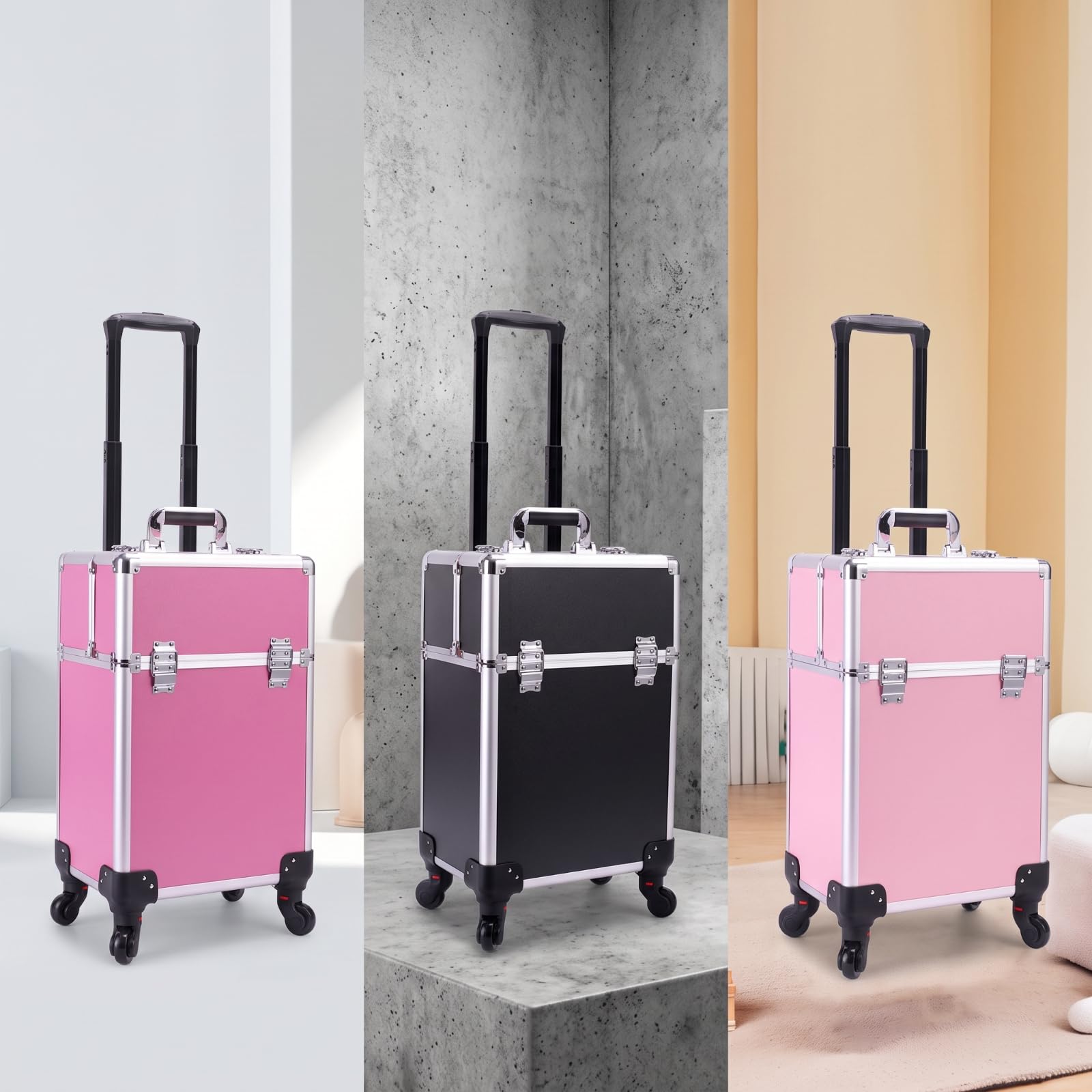 Mallette Maquillage à Roulettes Professionnel Valise Maquillage Résistant pour Chocs Mallette Cosmétique pour Maquilleurs, Esthéticiennes, Silver Black