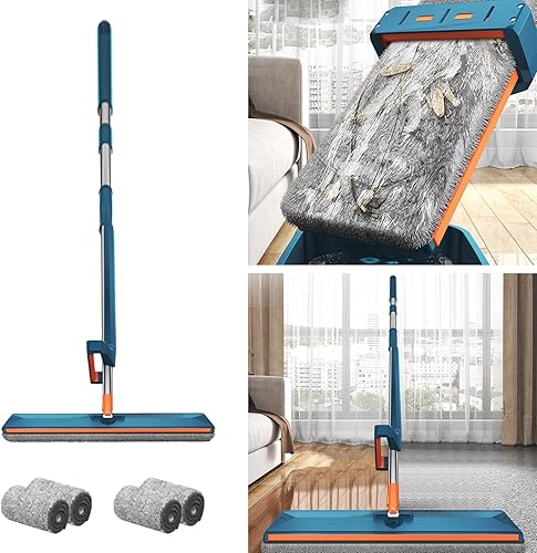 Trapeador plano de microfibra, mopa portátil de limpieza de suelos manos libres, trapeador de piso lavable con sistema de escurrir automático, mopa