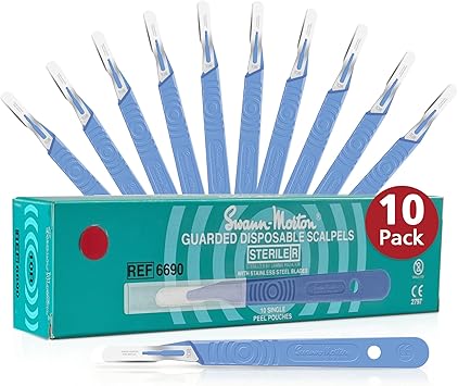 Swann Morton #10R Disposable Scalpel with Blade & Guard - Sterile Dermaplane Blade for Face, Dermaplaning for Women & Men, Stainless Steel, Esthetician Tools - Individually Packed, Box of 10
