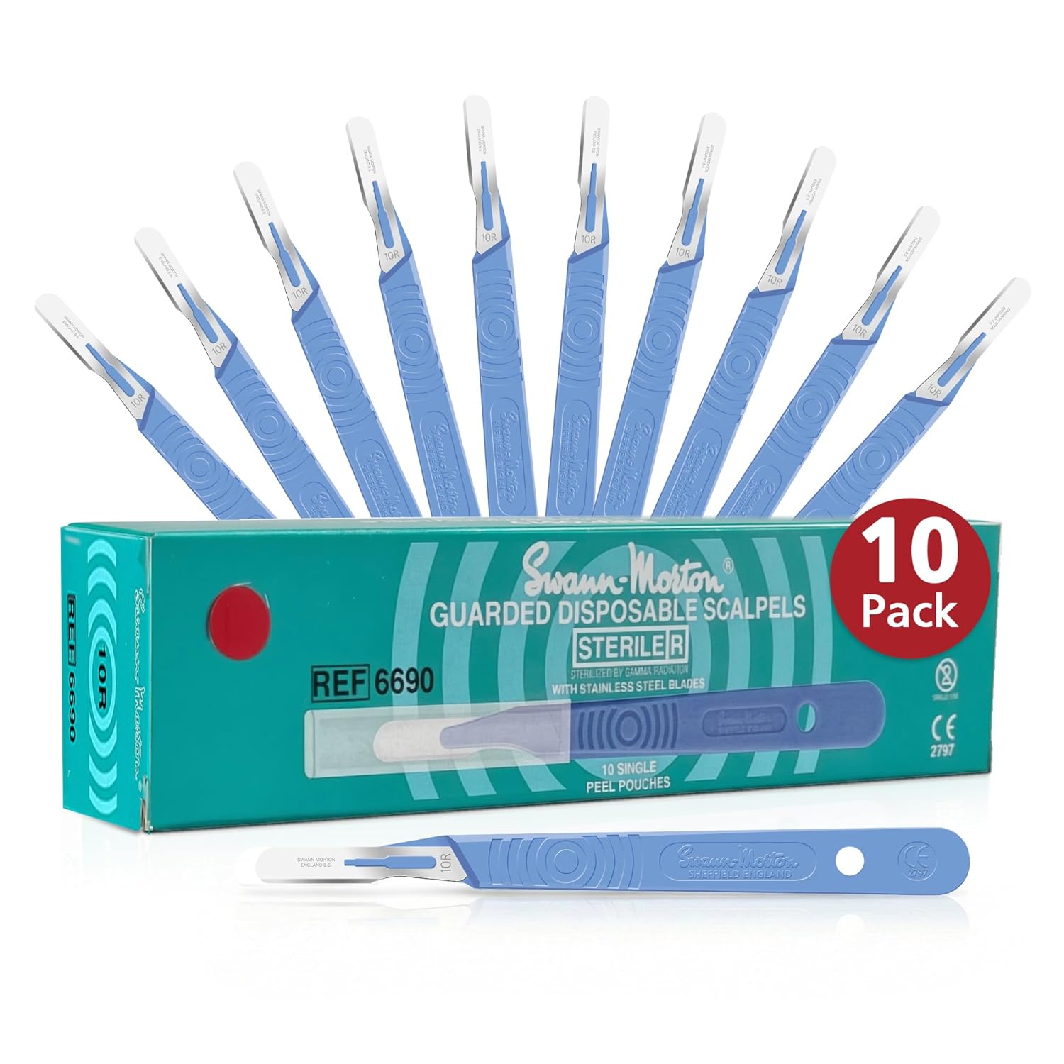 Swann Morton #10R Disposable Scalpel with Blade & Guard - Sterile Dermaplane Blade for Face, Dermaplaning for Women & Men, Stainless Steel, Esthetician Tools - Individually Packed, Box of 10