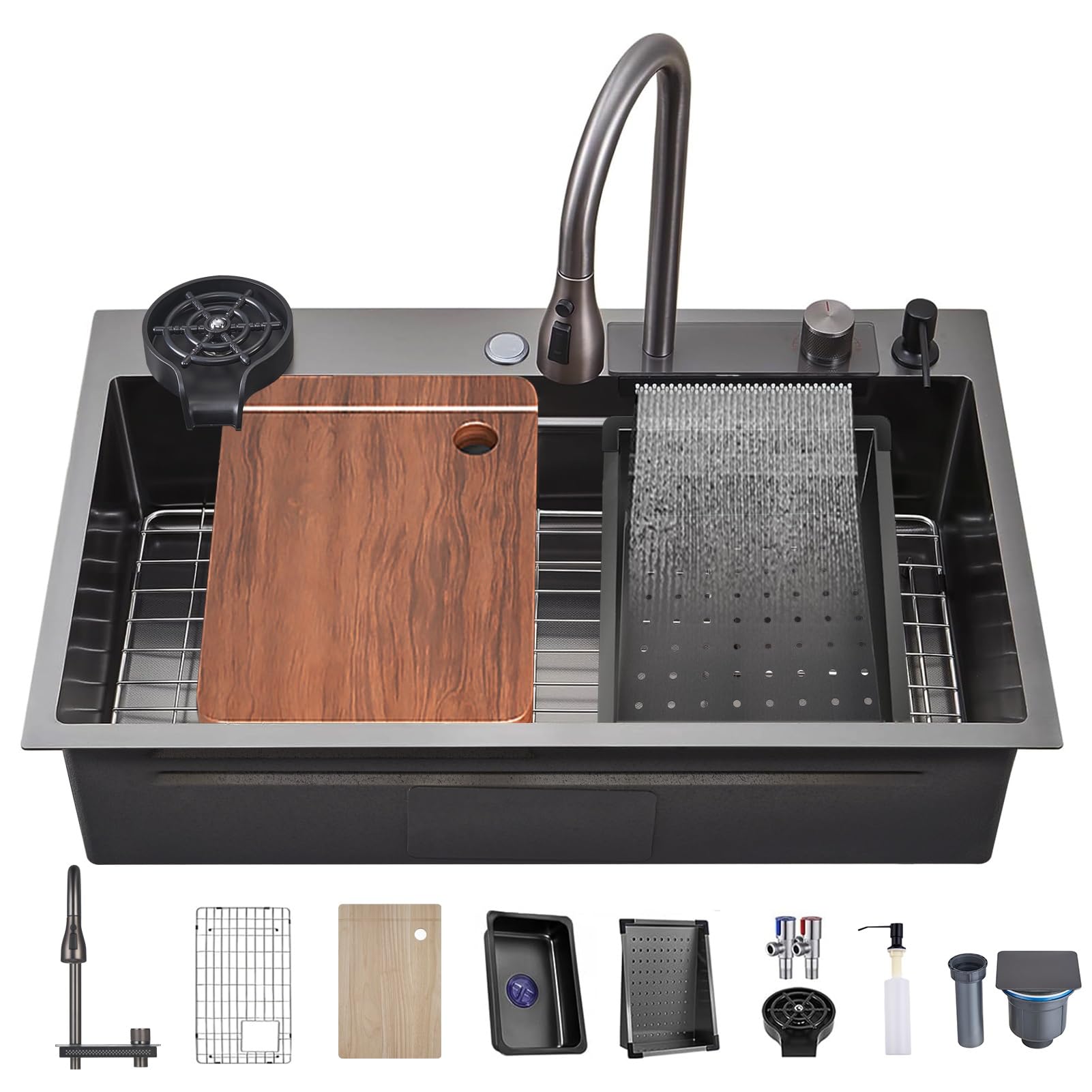 CSXSXAUO Stainless Steel Workstation Waterfall Kitchen Sink with Pull-Out Faucet & Accessories Undermount/Drop-In Single Bowl Design Drainage Basket Included (66x50x22CM)