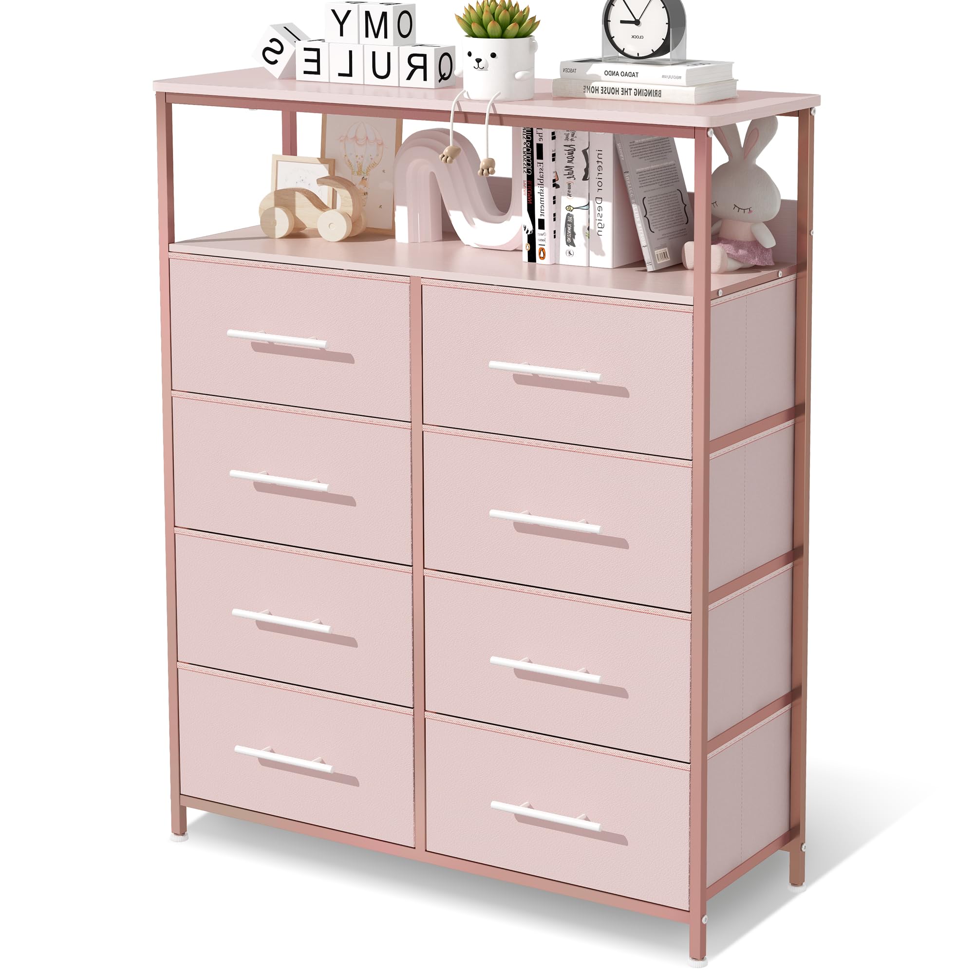 MYGIIVOVO Chest of Drawers, Dresser for Bedroom with 8 Fabric Drawers, Tall Storage Organizer Unit with 2 Layers Shelf, TV Stand with Sturdy Metal Frame (Pink)