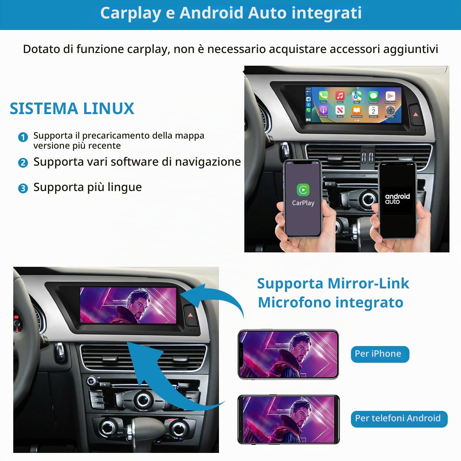 Car Radio 8,9 pollici Touchscreen con Wireless Carplay e Android Auto per Audi A4 S4 2009-2016 con sistema 2G MMI, supporta Mirrorlink, telecamera, navigazione
