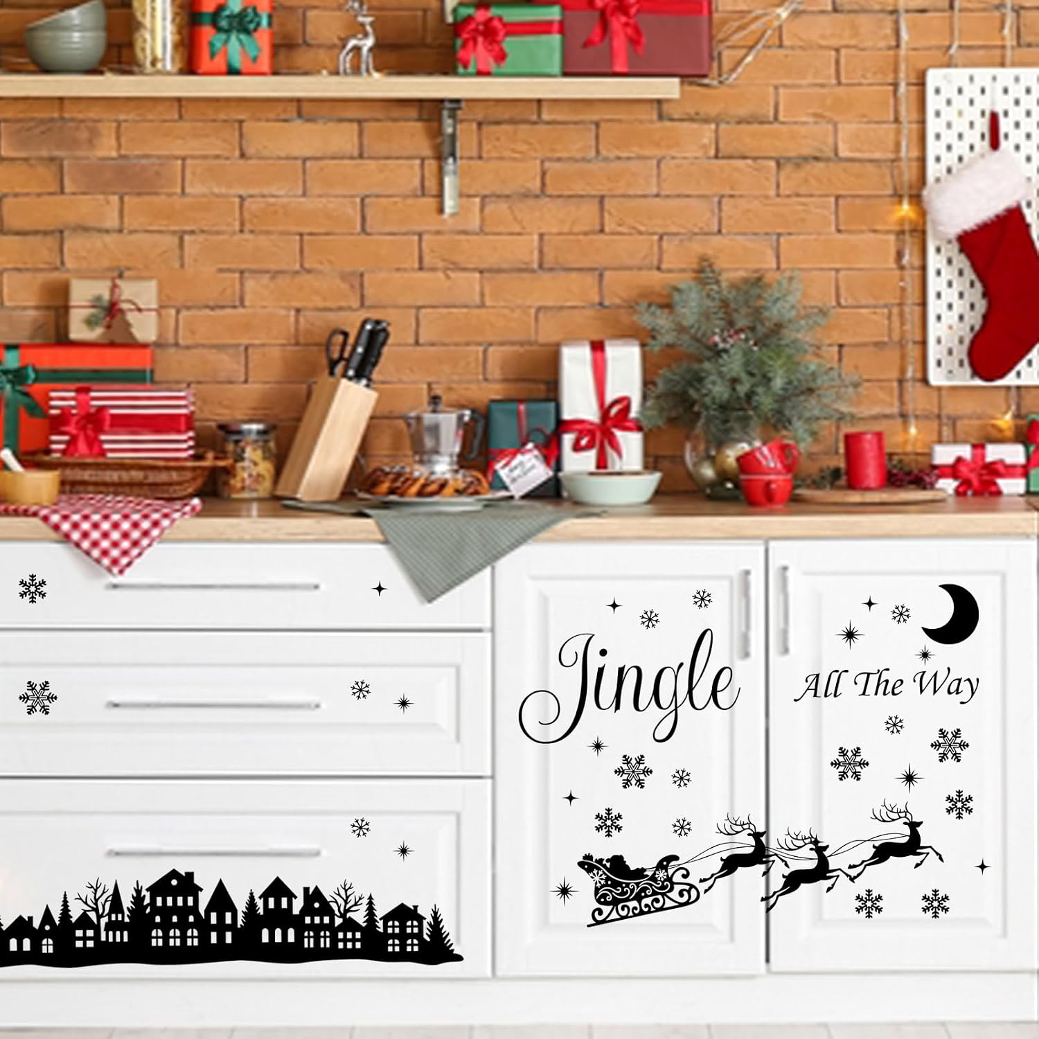 Mfault Black Christmas Wall Decals Stickers, Xmas Jingle All The Way Santa Reindeer Snowflake Silhouette Decorations Bedroom Art, Winter Holiday House Moon Stars Home Kitchen Decor
