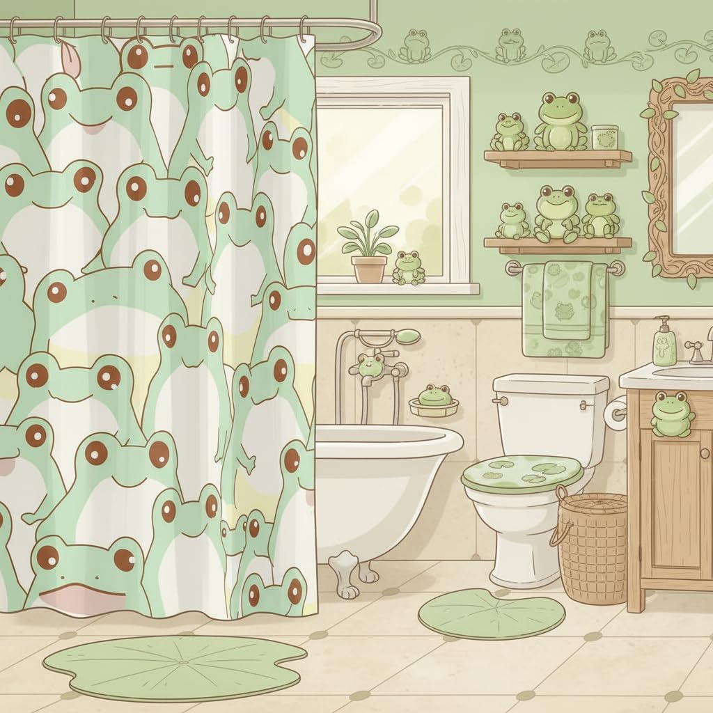 Homewish Decorative Cute Frog Shower Curtain Waterproof Polyester Fabric,Green Frog Bath Curtain Home Bathroom Decor Hanging Curtain with Hooks 72 x 78 Inch,Machine Washable