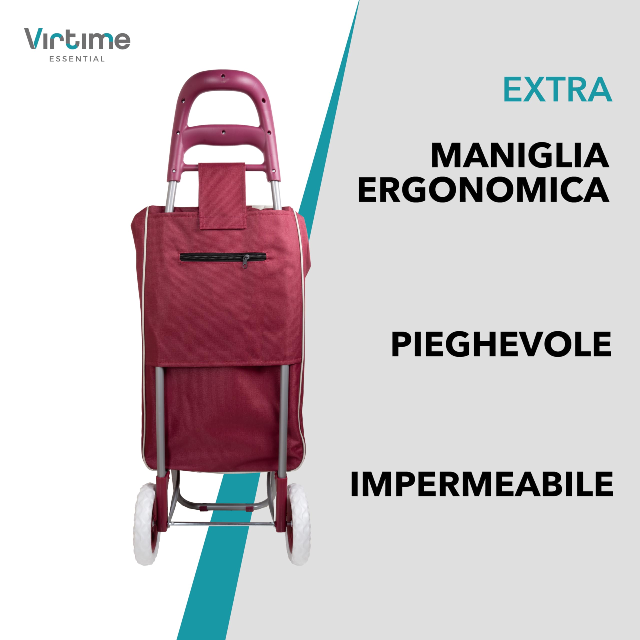 Carrello Spesa 2 Ruote – Borsa XL Impermeabile, Struttura Pieghevole in Alluminio, Leggero e Robusto – 4 Colori (Bordeaux)