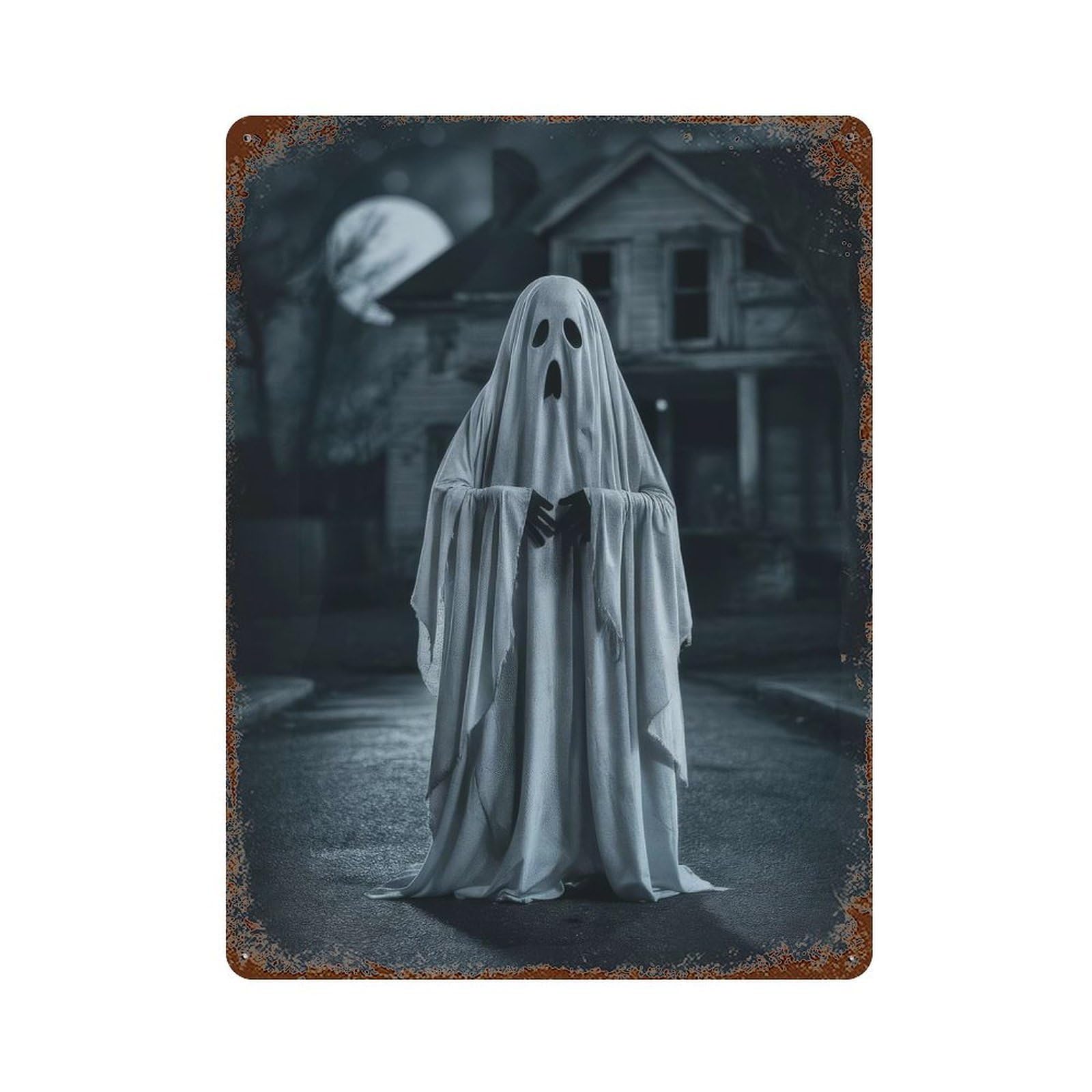 Ghostly Figure in Night Aged Metal Wall Plaque 15.7"x11.8", Ideal for Garage, Bar And Workshop Decor
