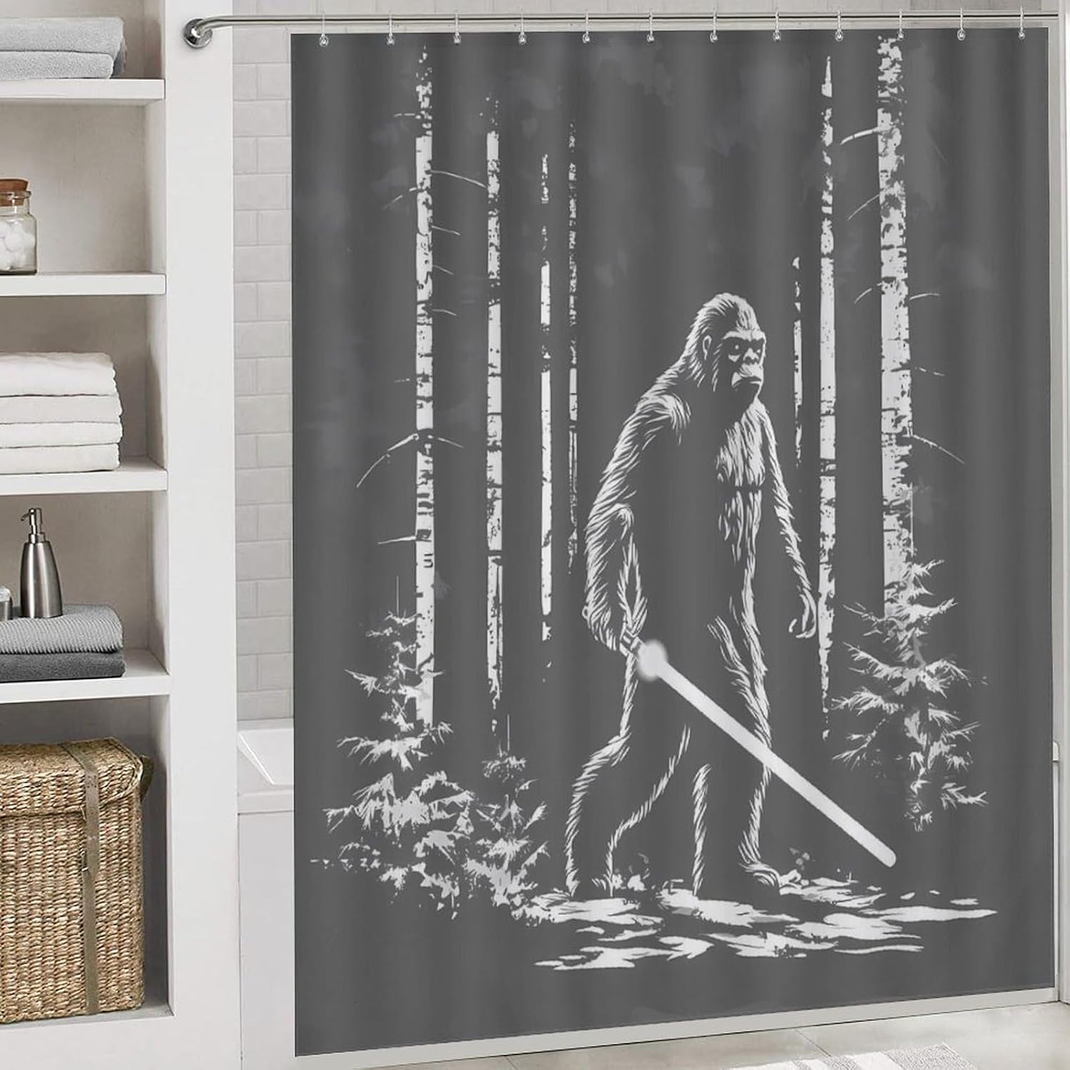 Sasquatch Bigfootw with Laser Swords Bathroom Sets with Shower Curtain and Rugs 4 Piece with U-Shaped Floor Mat Toilet Lid Cover