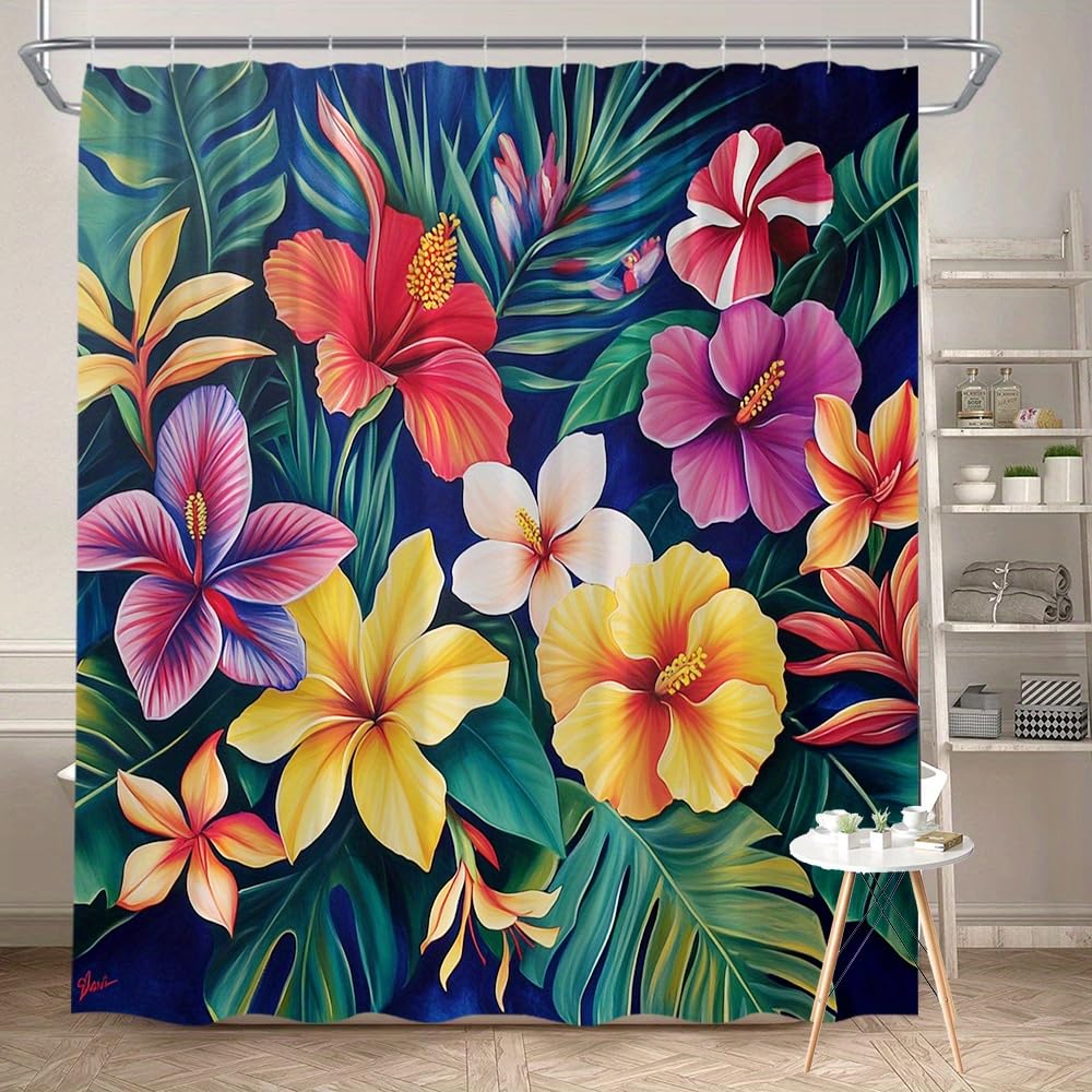 GLWDMB 1 Piece 150x180CM Tropical Floral Printed Shower Curtain With Hook, Polyester, for Windows And Walls, Bathtub, Bathroom, Machine Washable, All Season Universal