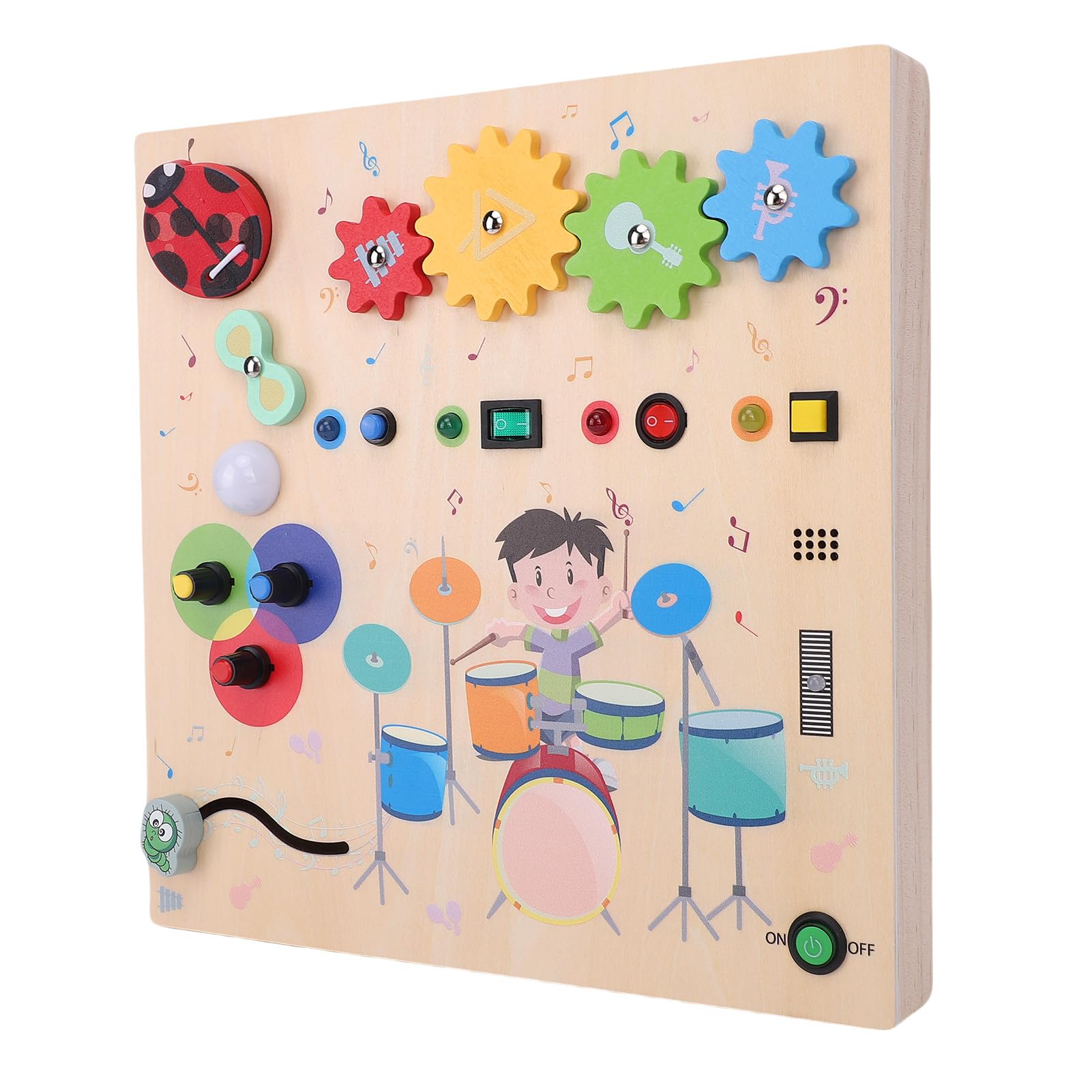 Fabater Sensorisches Holzbrett, 3 AAA-Batterien, Trommelmuster, Sensorisches Spielzeug mit LED-Leuchtschalter, Aktivitätsbrett aus Holz mit Feinmotorischer Entwicklung für Kleinkinder Im Frühstadium