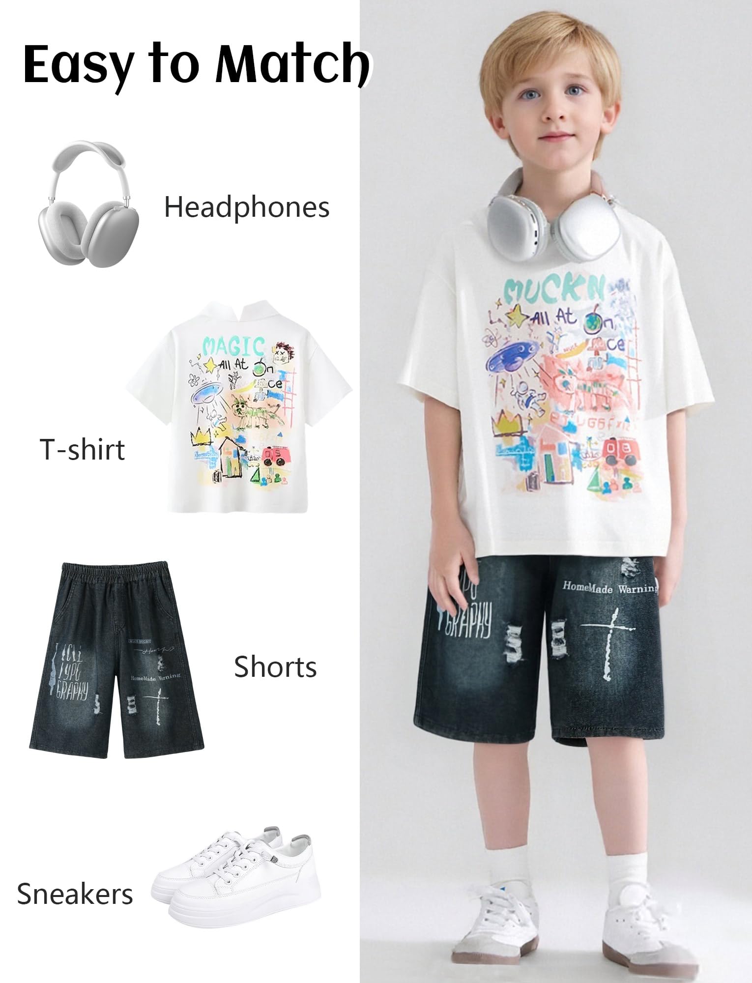 Happy Cherry Shorts Jean Garçon Jorts Enfant Coupe Large Classique Bermuda Baggy Taille Élastique Y2K Streetwear Doux Respirant Skate École 5-15 Ans