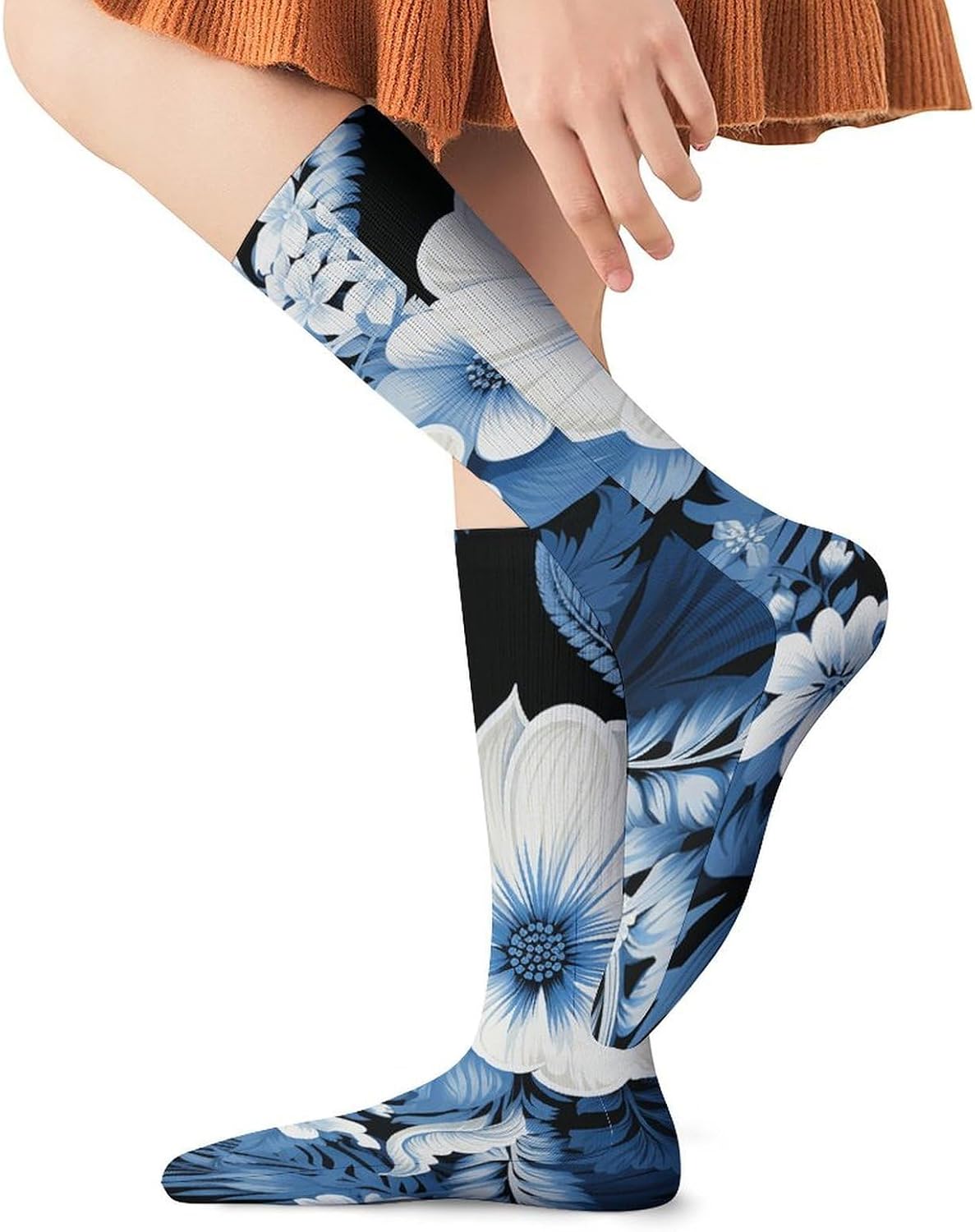 Breathable Crew Sock, Moisture Wicking, Athletic Calf Socks, Cozy | Blue And White Floral Pattern Compression Socks for Women Men, Lightweight High Work Socks for Business, Casual
