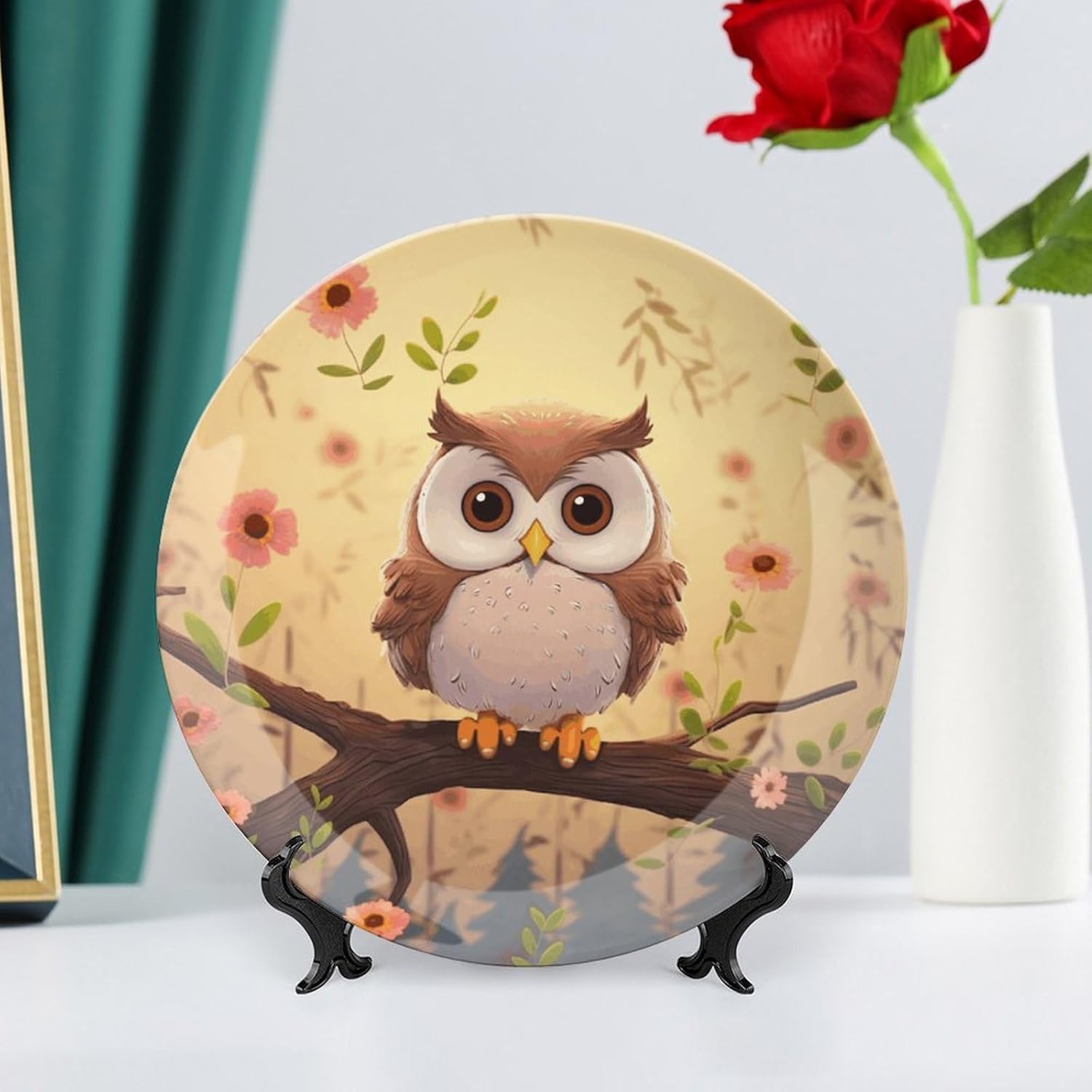 Cute Owl Ceramic Plate 10inch Decorative Bone China Wall Hanging Ornament Plates Bohemian Style Dinner Plate with Display Stand Cabinet Display Plates for Home Art Decor