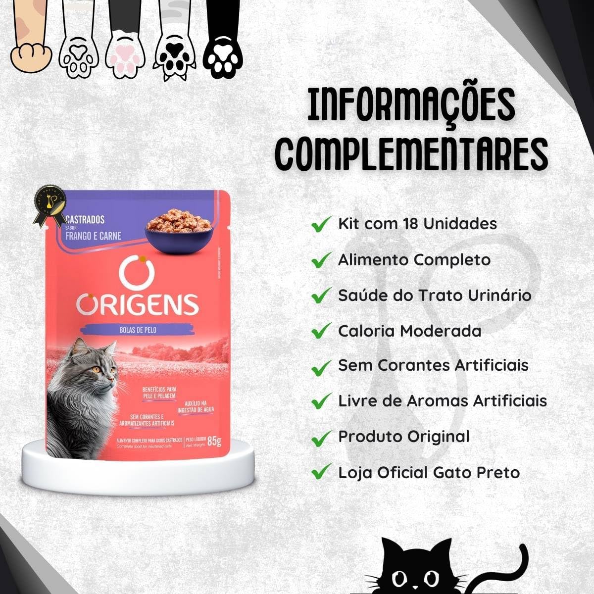 Ração Úmida Origens Sachê Gatos Castrados Frango e Carne 85g 18 Unidades