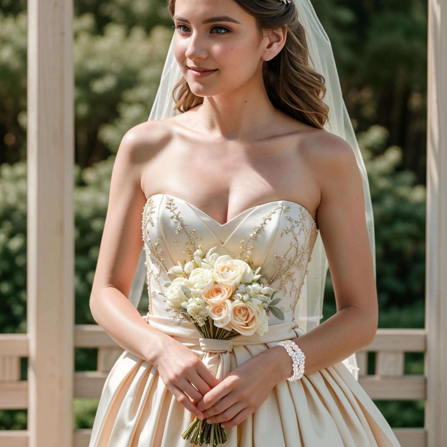 BriLove Women's Wedding Bridal Crystal Simulated Pearl Double Row Strand Halo Vintage Stretch Bracelet - Image 4