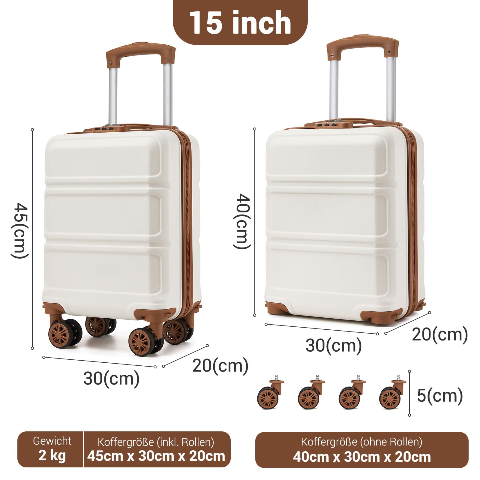 KONO Handgepäck Koffer mit abnehmbaren Rollen, 40x30x20 cm ohne Rollen, Leichter Kabinen-Koffer klein aus ABS+PC für Ryanair, EasyJet & Eurowings (Creme Weiß)