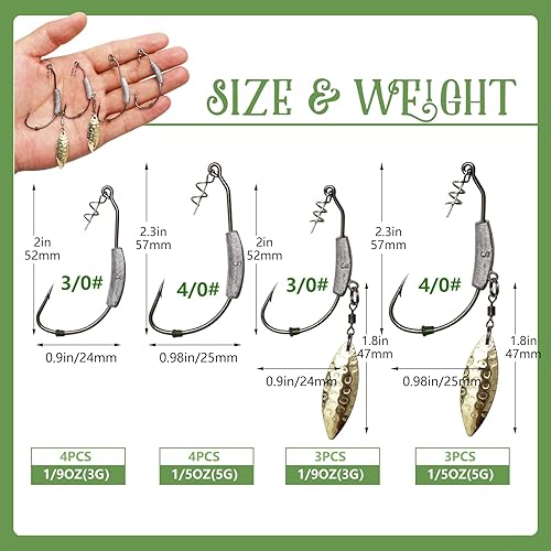 Miniatura 4 de Dovesun 12 piezas44 anzuelos de pesca con peso para agua salada y agua dulce, gusanos sin malas hierbas para pesca de lubina 30 40 50
