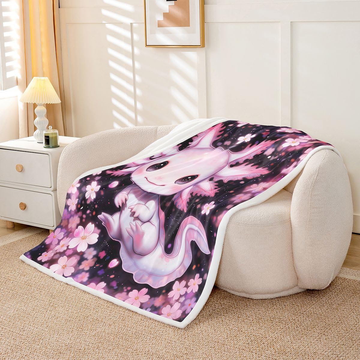Loussiesd Uroczy Axolotl Sherpa narzuta koc na kanapę kreskówka salamandra super miękki przytulny polar kawaii ocean morska koc na zimę, pluszowa narzuta czarno-różowa, podwójna, 152 x 180 cm, na cały