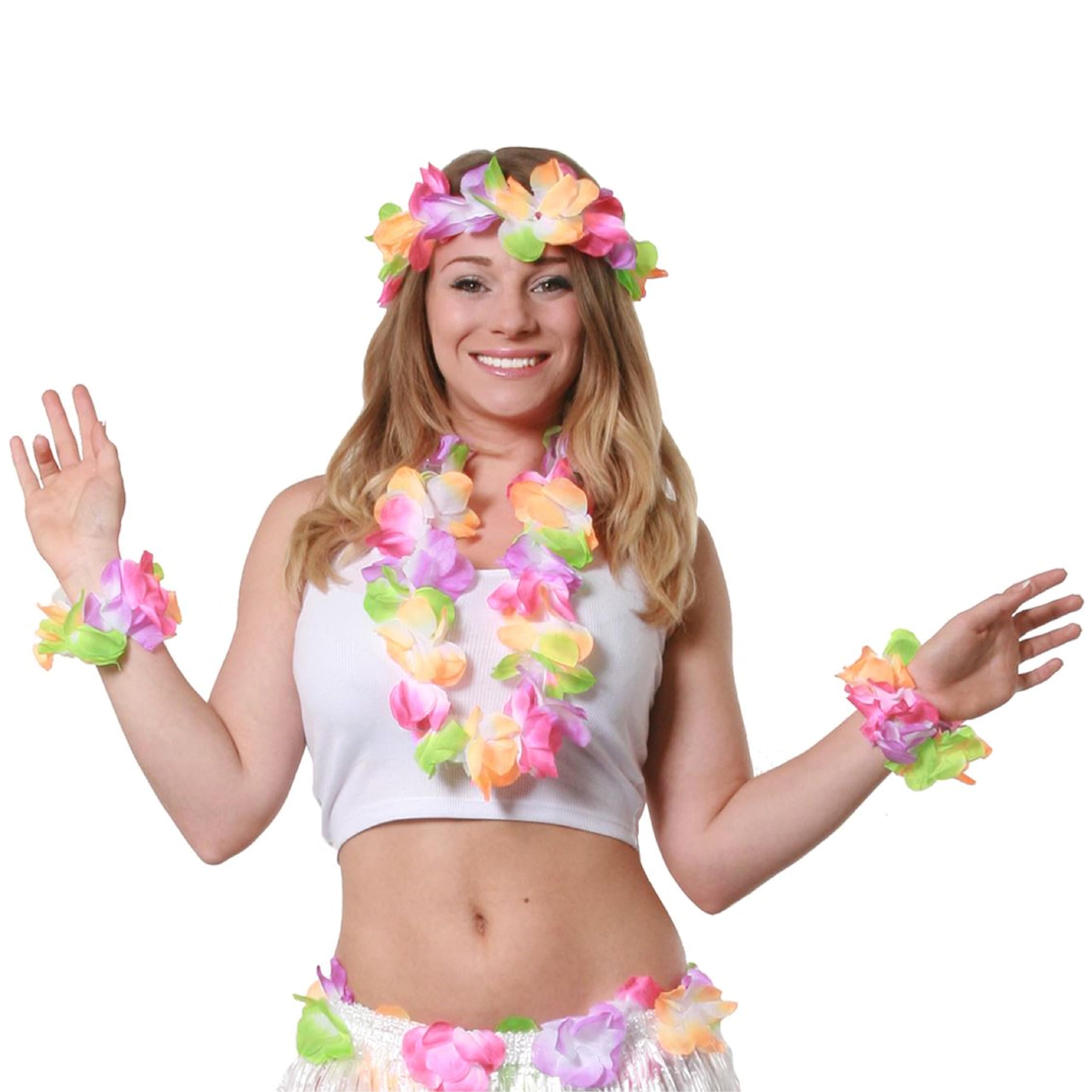4 Piece Multicoloured Hawaiian Flower Lei Set - 1x Flower Lei Necklace, 1x Floral Headband and 2x Flower Bracelets - Perfect for Summer & Hawaiian Fancy Dress - Pack of 1