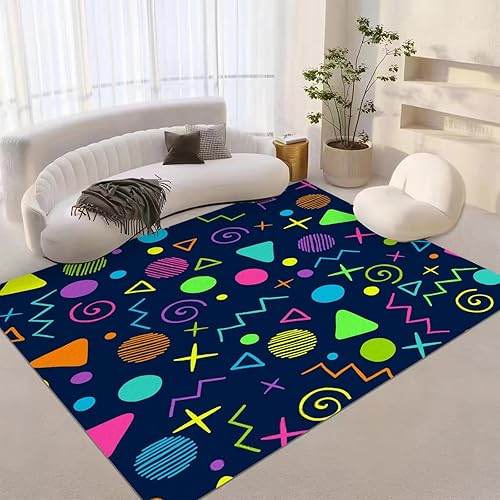 Colorful Geometric Arcade Games Area Rug, 4x5ft Retro Colorful 70S80S Non Slip Noise Reduction Rug, Machine Washable Durable Carpet for Indoor