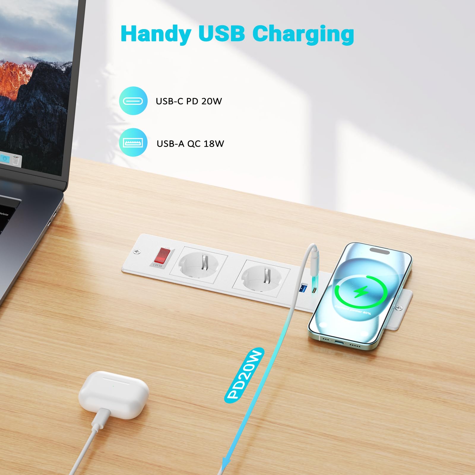 Airmom Ciabatta elettrica da incasso con caricatore wireless da 15 W e interruttore, presa da tavolo da incasso con USB C 20 W e porta USB, colore: bianco